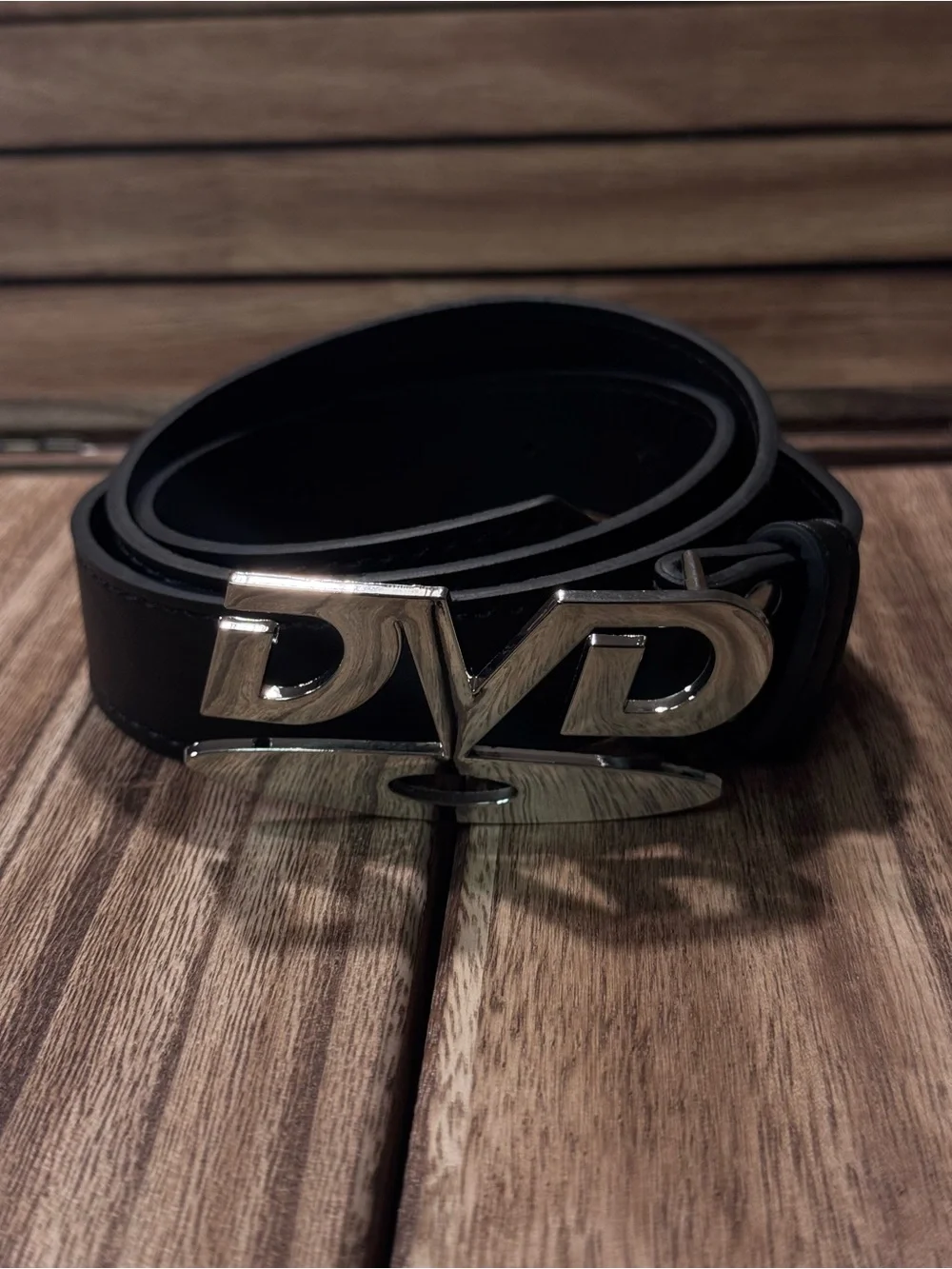 DVDBlack Leather Men's Belt with Silver DVD Logo Buckle